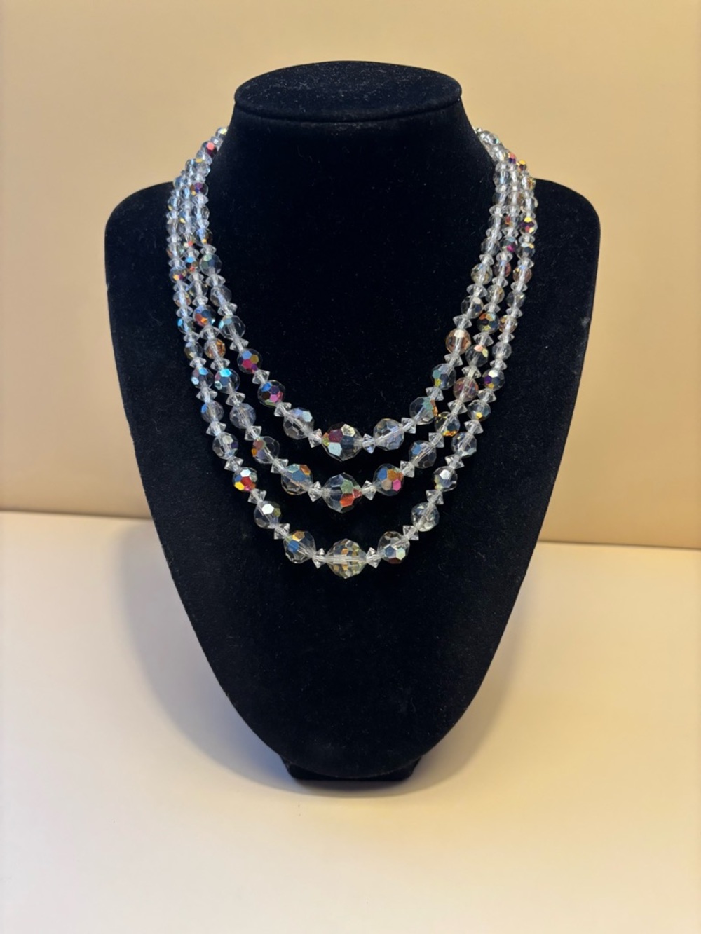 Vintage Silver Tone Crystal Multistrand Aurora Borealis Choker Necklace 13”+2”